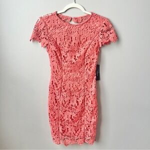 Lulus Dress Women's XS New NWT Coral Salmon Pink Floral Lace Bodycon Fitted Mini